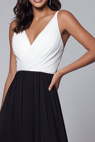 Col en V Noir et Blanc Robe Longue Formelle Trapèze avec Fente